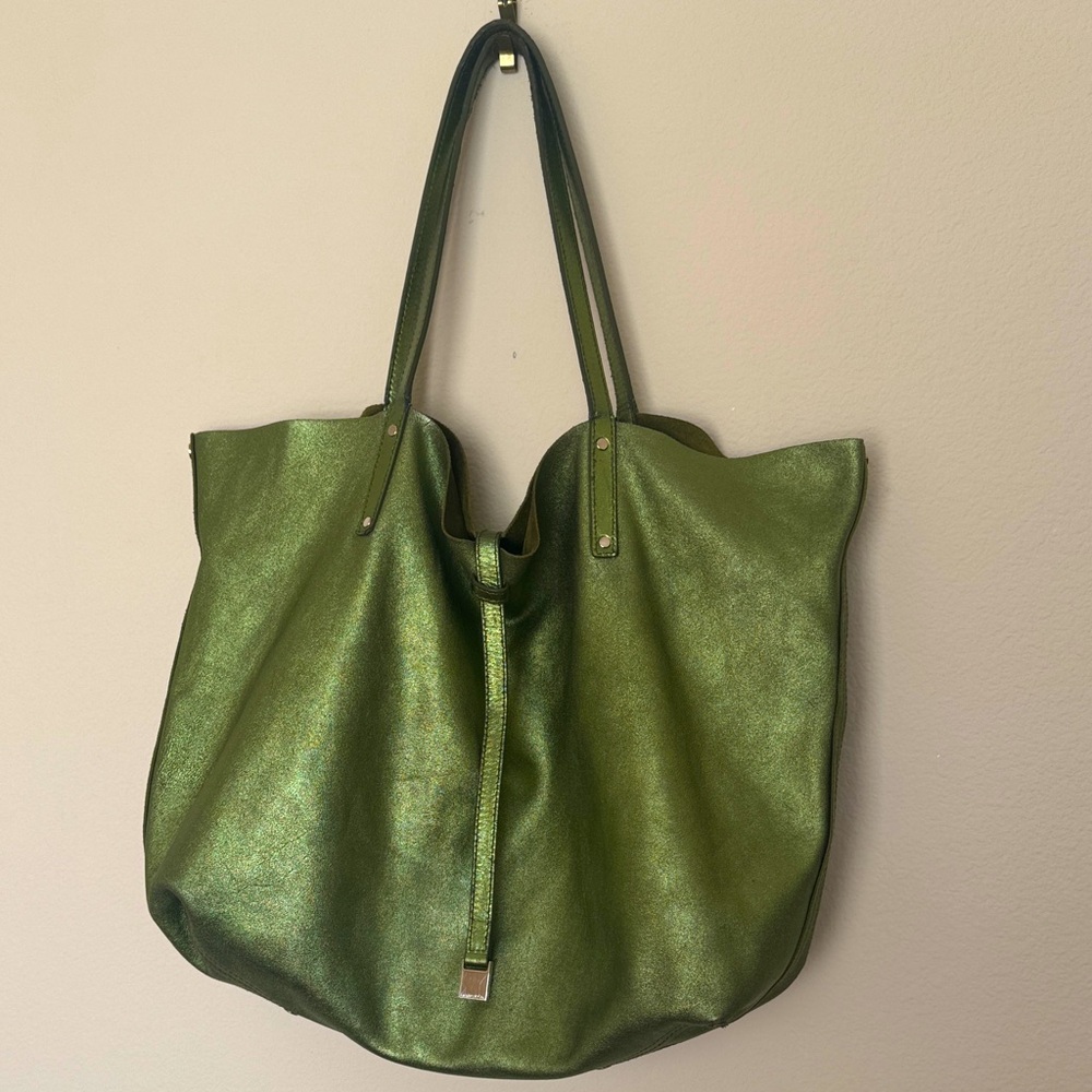 Tiffany& Co Reversible Metallic Green and Leather Tote with Matching Zip Pouch